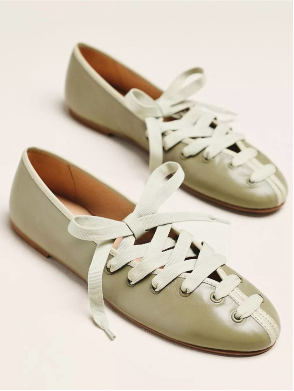 Maeve Genuine Leather Contrast Lace-Up Ballet Flats Sage green Sz 9 Balletcore